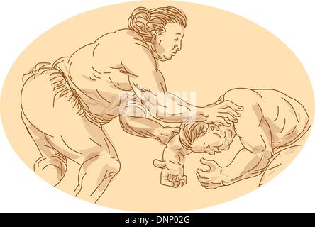 Hand drawn and sketched illustration of two sumo wrestlers wrestling viewed from the side set inside ellipse. Stock Vector