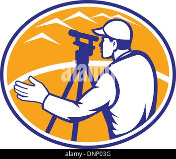 Illustration of surveyor civil geodetic engineer worker with theodolite total station equipment set inside ellipse done in retro woodcut style, Stock Vector