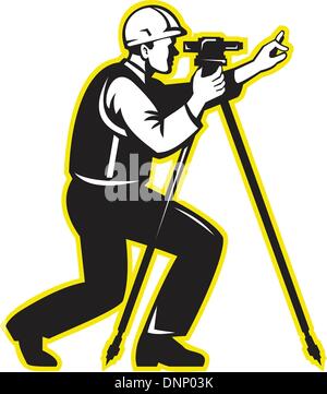 Illustration of surveyor civil geodetic engineer worker with theodolite total station equipment done in retro woodcut style. Stock Vector