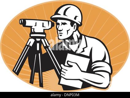 Illustration of surveyor civil geodetic engineer worker with theodolite total station equipment set inside ellipse with sunburst done in retro woodcut style, Stock Vector