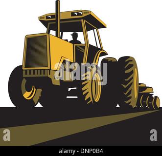 illustration of a vintage tractor done retro woodcut style black and ...