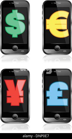 Tap and Go, cashless system of payment and mobile tariff concept with money symbols Stock Vector