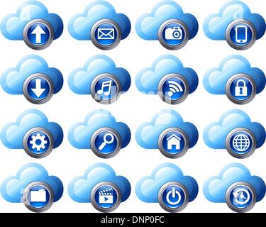 Virtual cloud icons upload, download, folders, pictures, film, video, music, email, mobile phone connection, restore, backup and Stock Vector