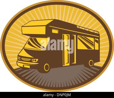 retro style illustration of a Camper van,caravan or mobile home with sunburst in background set inside an ellipse Stock Vector