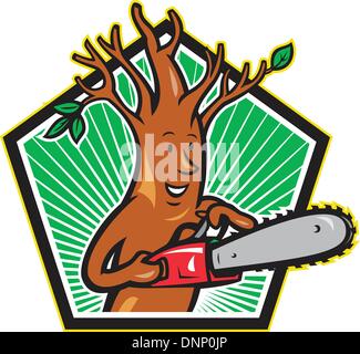 Illustration of tree man arborist tree surgeon lumberjack holding chainsaw done in cartoon style. Stock Vector