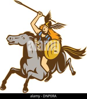 Illustration of valkyrie of Norse mythology female rider warriors riding horse with spear done in retro style. Stock Vector