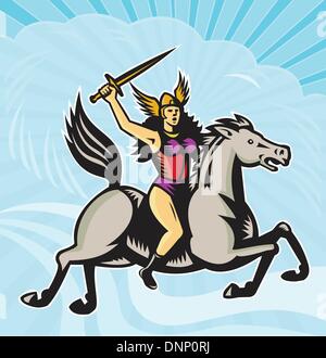 Illustration of valkyrie of Norse mythology female rider warriors riding horse with spear done in retro style. Stock Vector