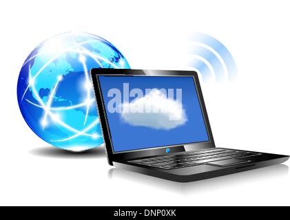 Client computer communicating with resources located in the "cloud" Virtual World icon laptop Stock Vector