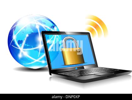 Laptop protection - Internet connection with Global World - Password Protected Stock Vector