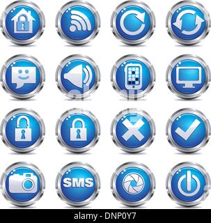 A set of sixteen blue and silver internet icons Stock Vector