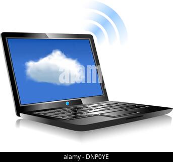 Client computers laptop communicating with resources located in the Cloud computing Stock Vector
