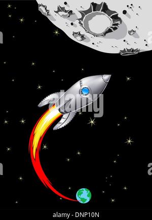Silver Spaceship heading towards the Moon Stock Vector