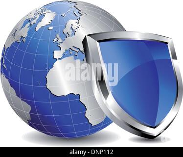 Silver and Blue Shield with World depicting Internet Security - Safety antivirus Stock Vector