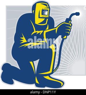 Illustration of a welder fabricator welding kneeling on one knee facing front done in retro woodcut style. Stock Vector