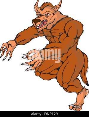 illustration of a cartoon werewolf wolfman running attacking on isolated white background Stock Vector