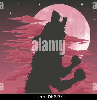 A frightening werewolf silhouette howling at the moon. Halloween illustration. Stock Vector