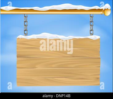 A rustic wooden snow covered winter Christmas sign hanging suspended from a brass metal pole with the blue sky in the background Stock Vector