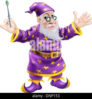 A cartoon cute friendly old wizard character holding a wand Stock Vector