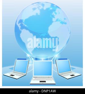 Laptop computers connected via world globe network internet computing concept Stock Vector