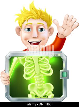 Illustration of a cartoon man or bay getting a medical x ray and waving with his hand Stock Vector