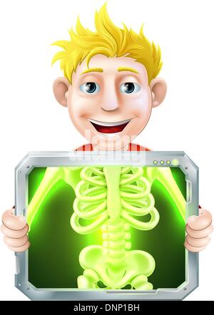 Cartoon illustration of a man holding up a screen x-raying him with his skeleton showing. Stock Vector