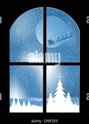 View through a window of santa flying through the sky on a snowy night Stock Vector