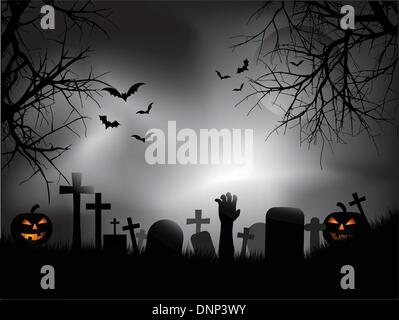 Spooky graveyard with zombie hand coming out of the ground Stock Vector