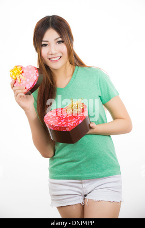 asian woman valentines day giving and receiving gift Stock Photo