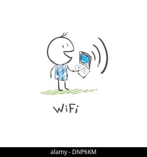 The man with the laptop to connect to the Internet via Wi Fi Stock Vector