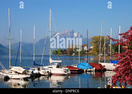 Boats moored on Lake Lucerne in Spring, with Mount Pilatus in the background Stock Photo