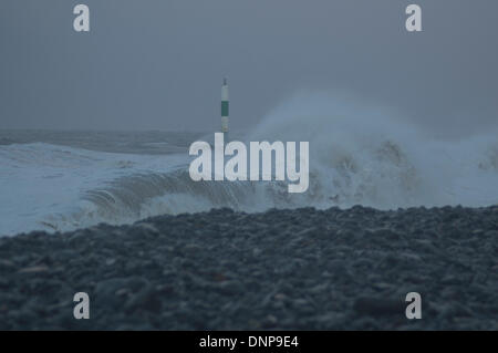 Spring high tide combined with bad weather hitting Aberystwyth Harbour on Friday the 3rd of January 2014. Stock Photo