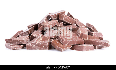 Pile of several broken chocolate pieces over white Stock Photo