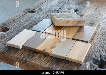 Samples of different kinds of wood in furniture shop Stock Photo