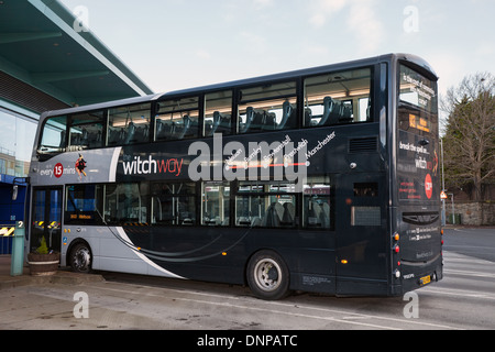 Volvo Wright Gemini ‘Witch Way’ buses on long-standing bus route X43, which runs between Manchester and Nelson, England, UK Stock Photo