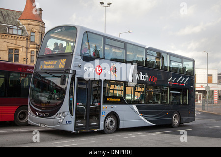 Double-decker Volvo Wright Gemini ‘Witch Way’ buses on long-standing traffic bus route X43, which runs between Manchester and Nelson, England, UK Stock Photo