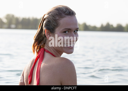 Netherlands, Gelderland, De Rijkerswoerdse Plassen, Portrait of beautiful woman in bikini Stock Photo