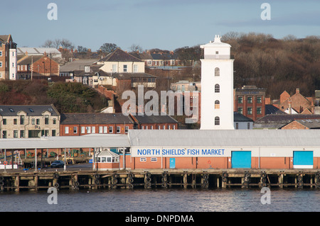 North Shields lighthouse, the Low Light,  and fish market, north east England UK Stock Photo