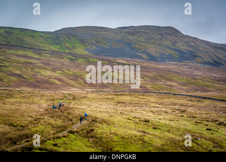 Whernside, North Yorkshire, one of Yorkshire Three Peaks with walkers visible ascending. Stock Photo