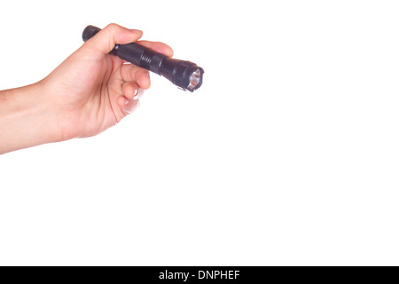 hand holding a flashlight isolated on white background Stock Photo