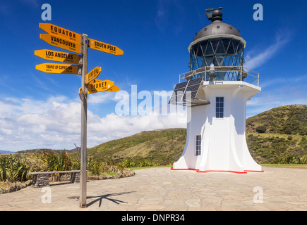 Cape Reinga Lighthouse and world sign post, Northland, New Zealand. Stock Photo