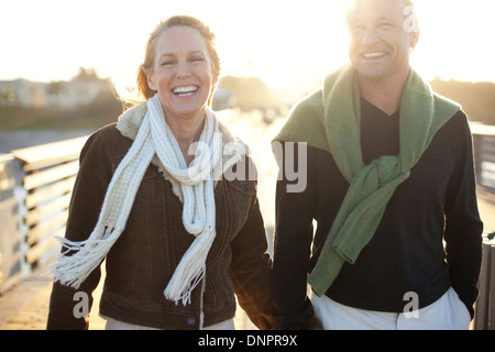 Mature Couple Walking along Pier, Jupiter, Palm Beach County, Florida, USA Stock Photo