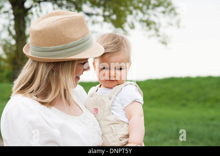 Portrait of Mother and Daughter Outdoors, Mannheim, Baden-Wurttemberg, Germany Stock Photo