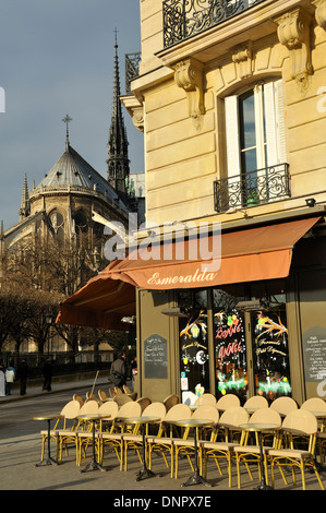 Café Esmeralda near Notre Dame cathedral in Paris, France Stock Photo