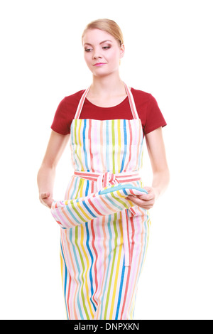 Young housewife wearing kitchen apron with oven cooking mitten, studio picture isolated on white Stock Photo