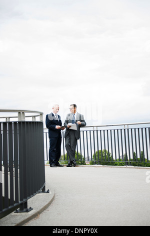 Mature businessmen standing on bridge, Mannheim, Germany Stock Photo