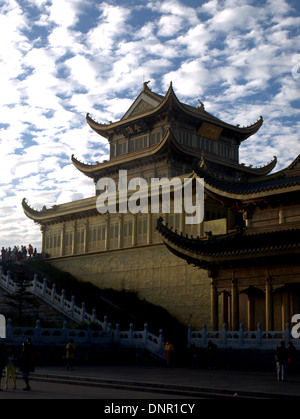 Sunrise dawn temples at the Golden summit of Mount Emei, Emei Shan, near Leshan, Sichuan province, China. Stock Photo