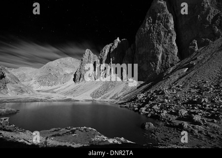 Lake Antermoia. The Catinaccio massif. The Fassa Dolomites. Italian Alps. Black white mountain landscape. Europe. Stock Photo