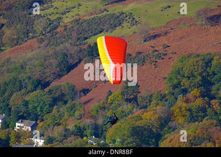 Paraglider soring above woods and houses. Stock Photo