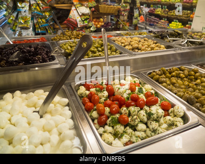 cheese and olive bar in grocery store Stock Photo