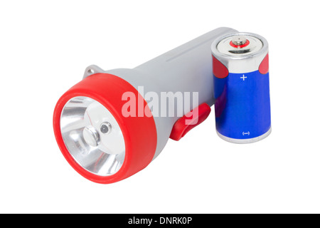 Flashlight with battery isolated on white. Stock Photo